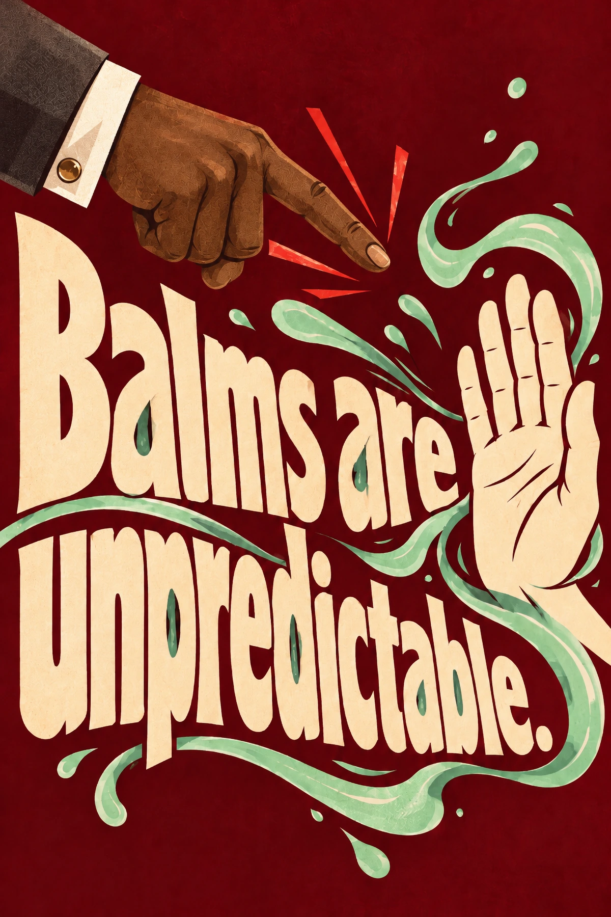 Cream letters and mint green balm swirls surround a raised palm and a pointing hand on a deep red background.