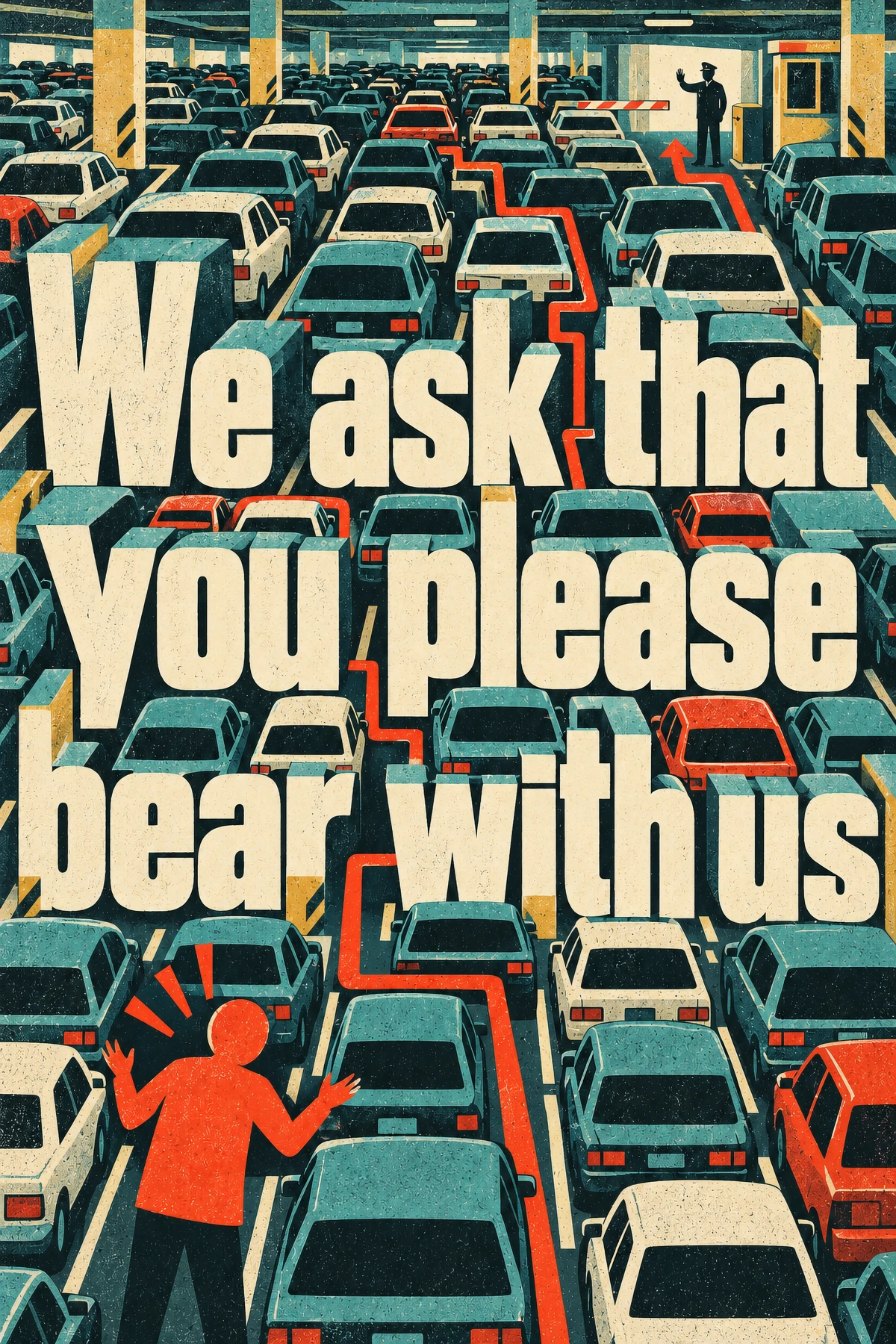 Rows of teal, cream, and dark cars form a dense parking garage. Large cream words zigzag toward a red figure with raised arms at the bottom.