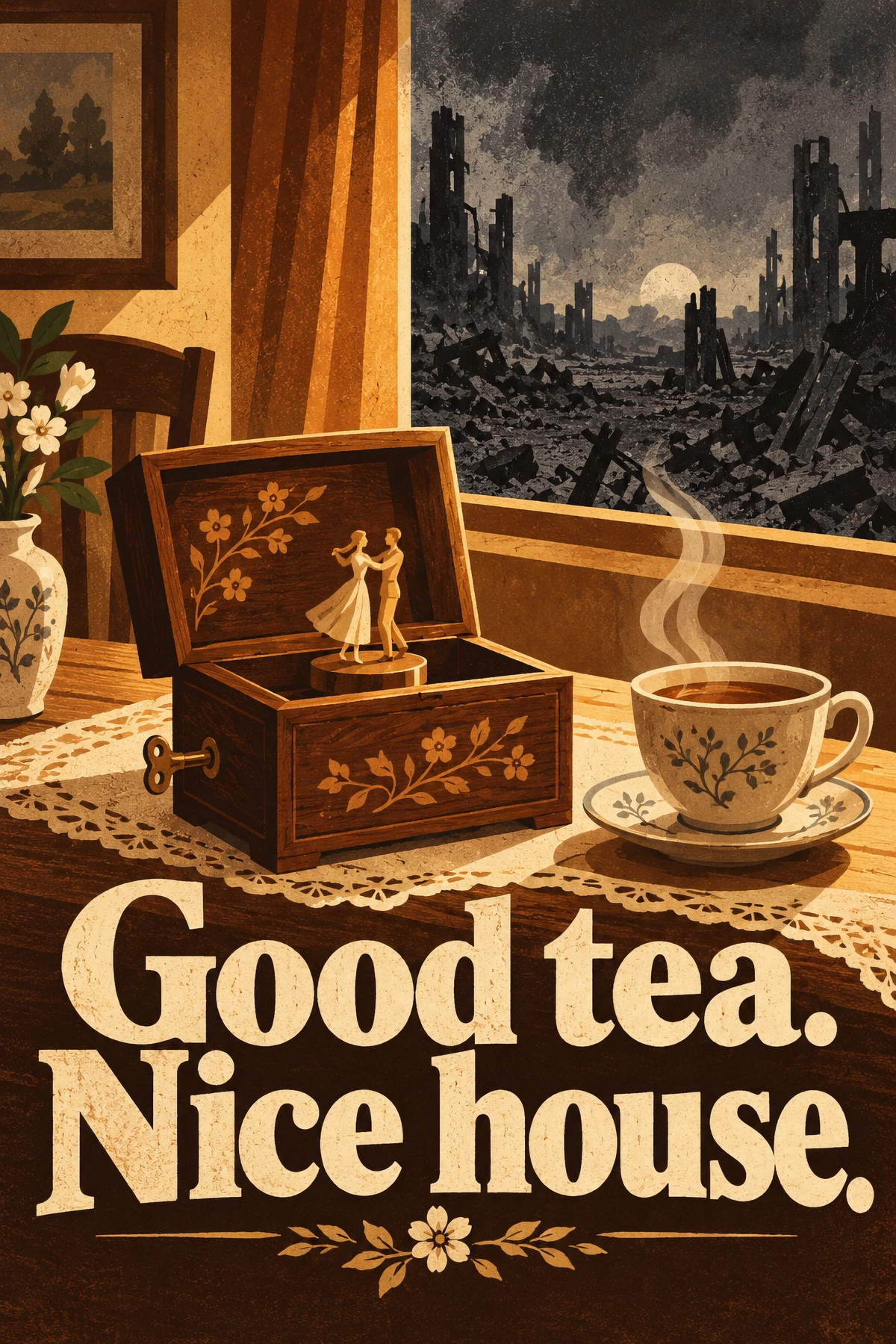 A steaming teacup, decorated wooden box, and delicate flowers sit by a warmly lit window facing a ruined city. Large cream type anchors the golden brown foreground.